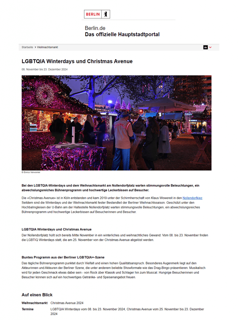 Bericht des Berliner Hauptstadtportals über die Christmas Avenue Berlin