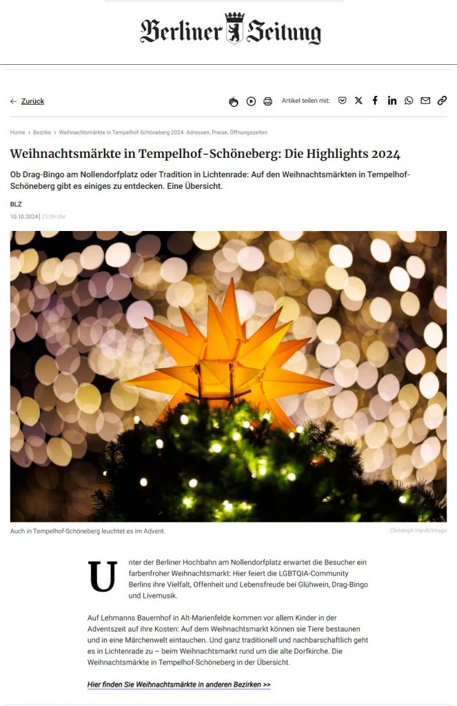 Screenshot des Berliner Zeitung-Artikels über Weihnachtsmärkte in Tempelhof-Schöneberg 2024