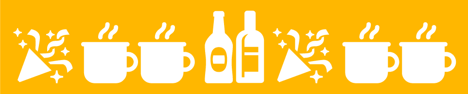 Glühweintassen, Flaschen und Partydekoration auf gelbem Hintergrund