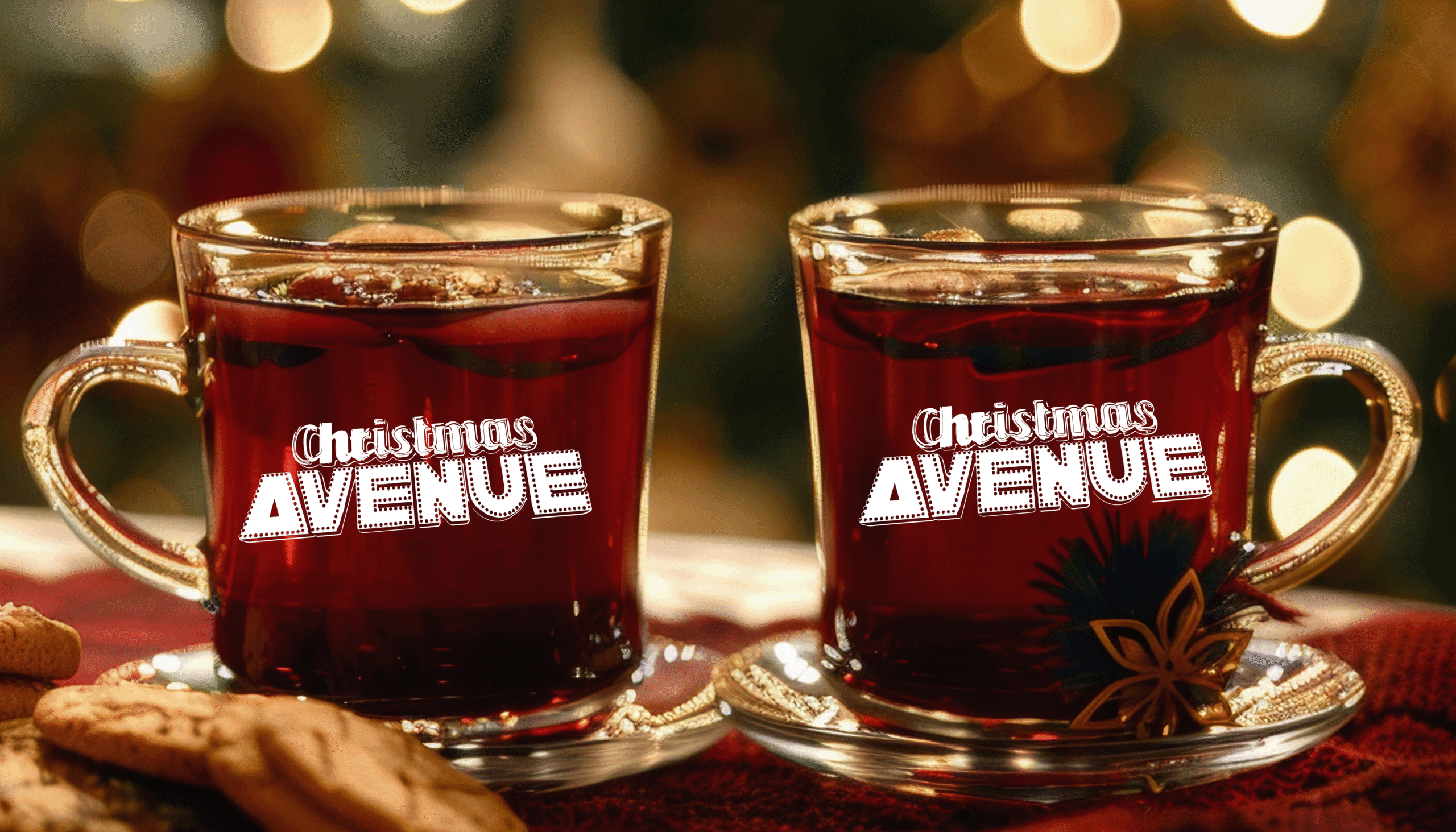 Zwei Glühweintassen mit dem Logo der Christmas Avenue Berlin 2025, umgeben von rosafarbenen Weihnachtskugeln, Zimtstangen und einem Geschenk auf einem Holztisch
