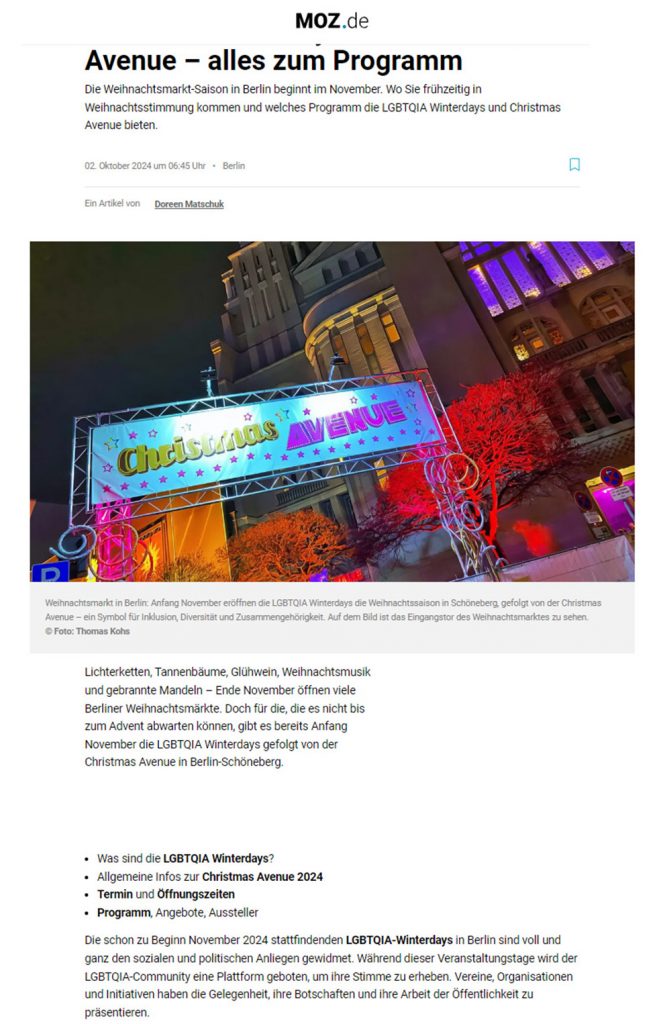 Screenshot des MOZ.de-Artikels über die Weihnachtsmarktsaison 2024 in Berlin