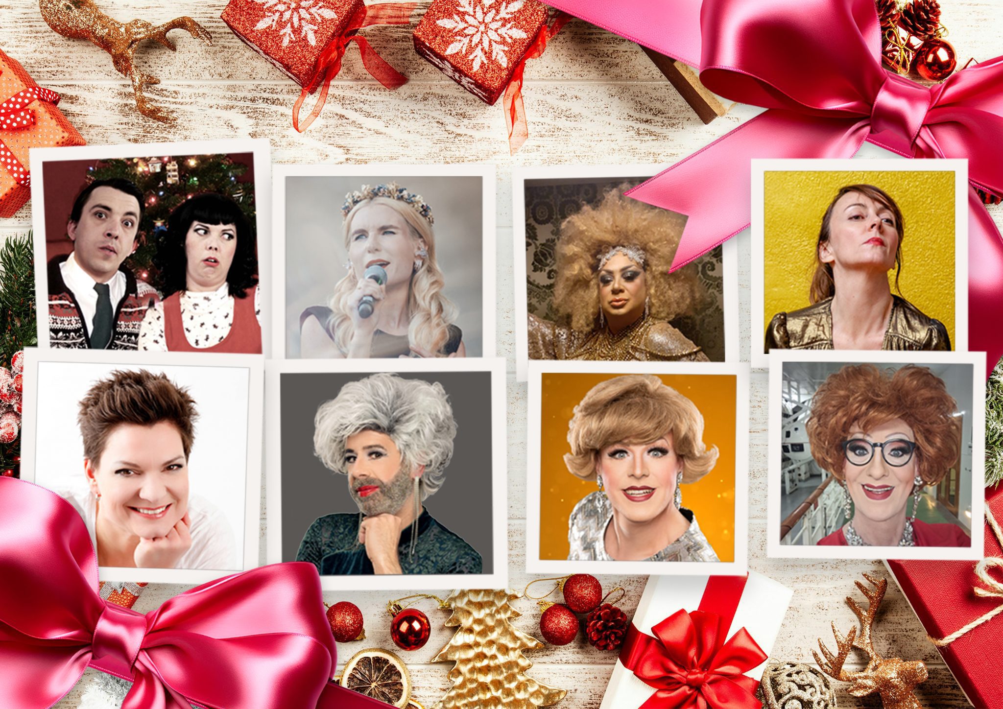 Collage mit verschiedenen Künstlern, darunter Dragqueens, Kabarettisten und Sänger, umgeben von weihnachtlicher Dekoration wie Geschenkbändern, Kugeln und Tannenzweigen.